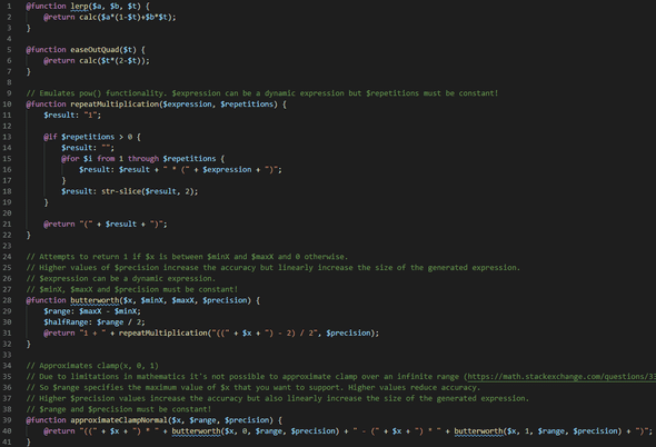 Screenshot of SCSS code attempting to build an approximated clamp function